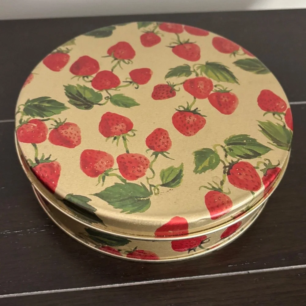 Harry and David Strawberry Print Round Gold Metal Decorative Storage Tin 6x2
